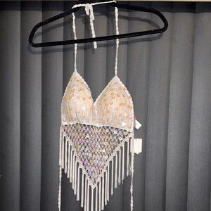 White Crochet Halter Top with Fringe